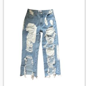 LITZ By Uniq High Rise Heavily distressed straight leg jeans size L